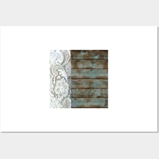 Western Country distressed blue Barn Wood white Lace Posters and Art